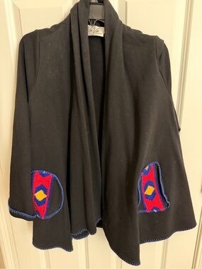Black women’s Open-Front Coatigan with Colorful Pocket Accents-made in the USA